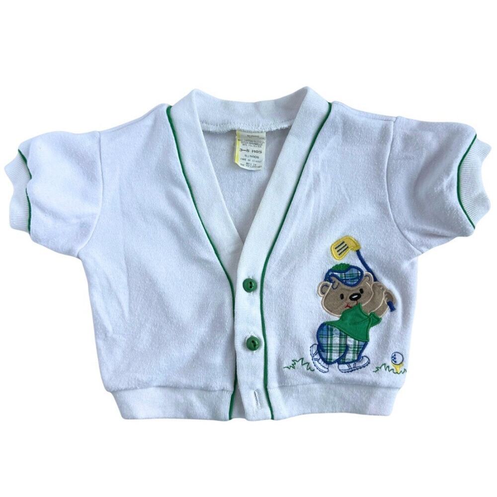 Vintage Baby Golf Bear Cardigan Sweater 3-6 Months White Green Appliqué